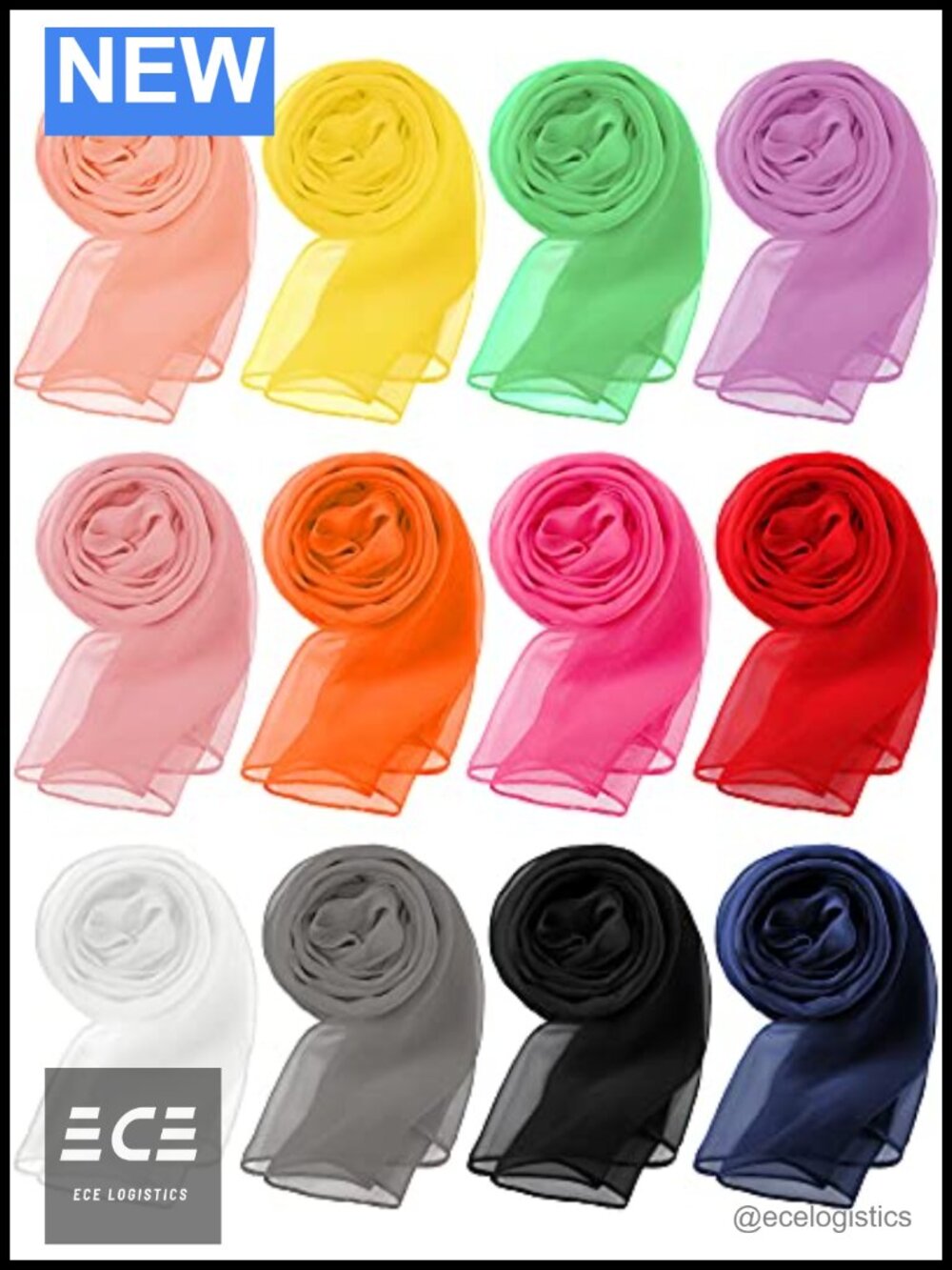 Chiffon Scarf 12 Piece Set Lightweight Silk Blend 20x63 Inch